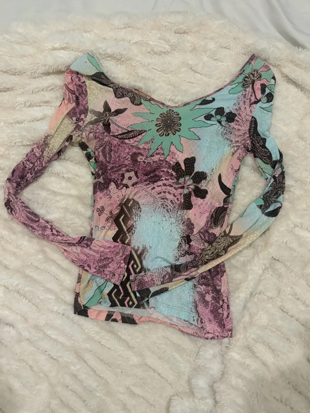 Roberto Cavalli Pink, Teal & Brown Floral Long Sleeve Top